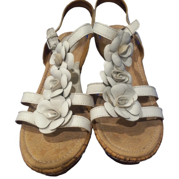 White BOC Leather Flower Strappy Cork Floral Wedge Sandals Heels Size 10 - Picture 2 of 5